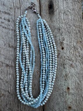 Multi-Strand Light Blue and Pearl Beaded Statement Necklace